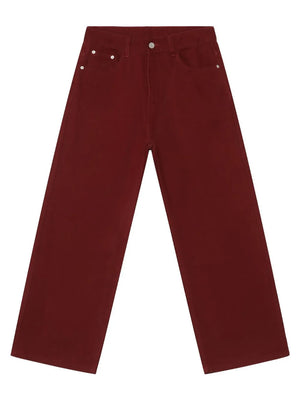 Burgundy wide-leg denim trousers with a casual, baggy fit.