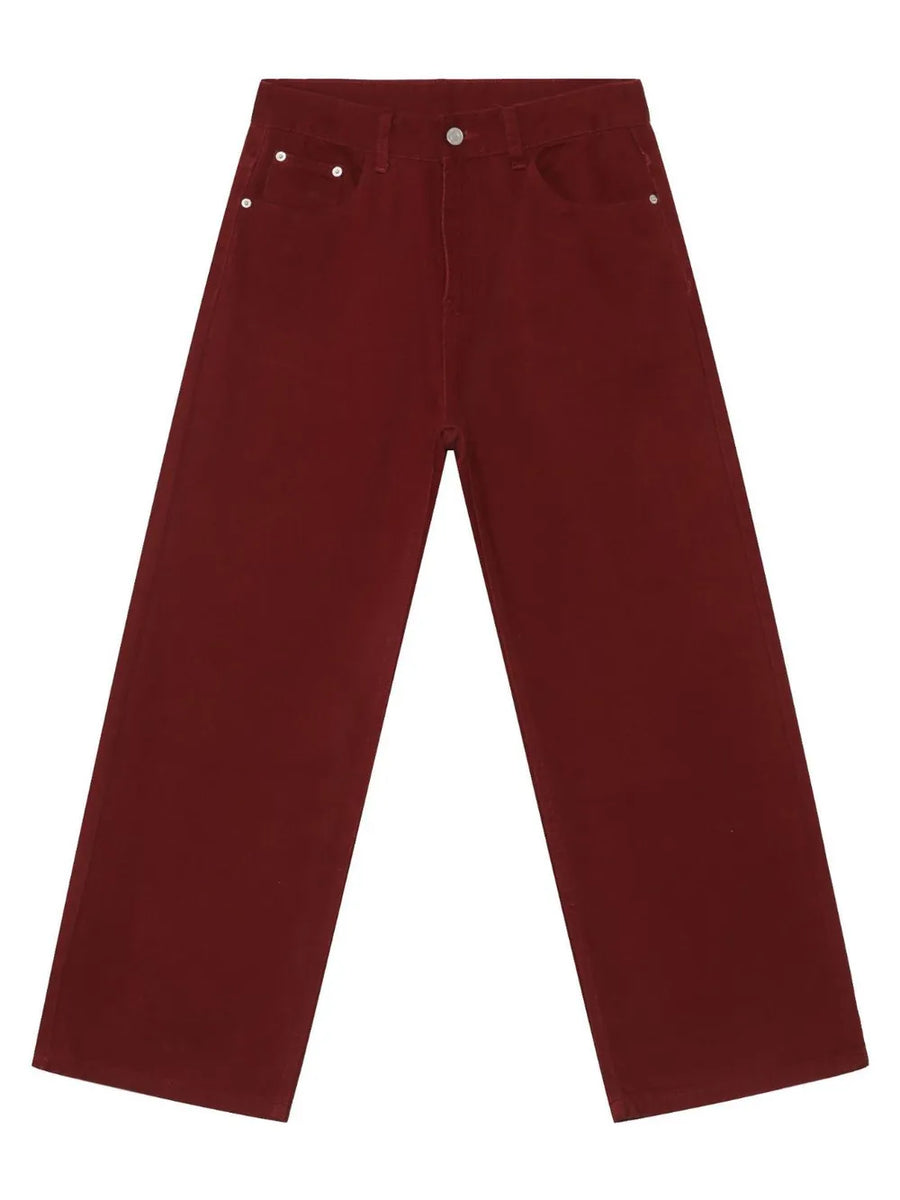 Burgundy wide-leg denim trousers with a casual, baggy fit.