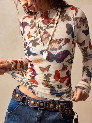 orange t-shirt featuring mesh and butterfly-print