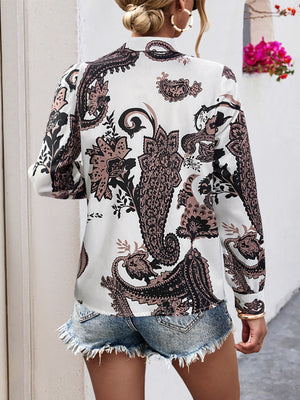 Printed Button-Down Long Sleeve Shirt in brown with buttoned