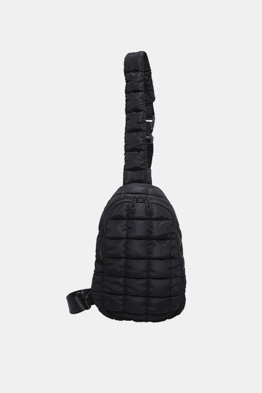 Black padded sling bag with top handle and adjustable strap