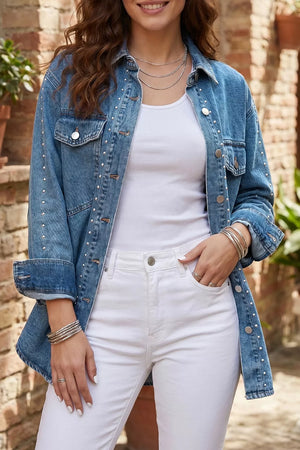 Medium denim jacket with thigh-length and button-front