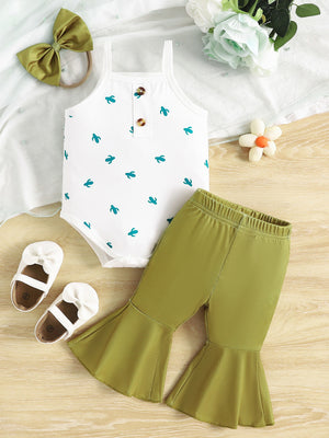 Baby bodysuit with cactus print and button detail, paired with green flared pants.