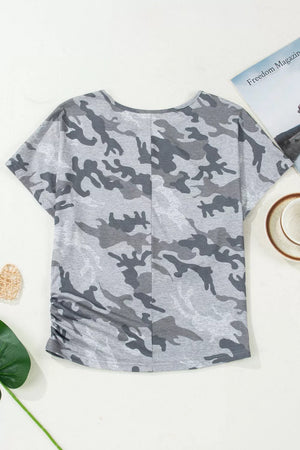 Grey camo print t-shirt with crew neck and ruched side detail