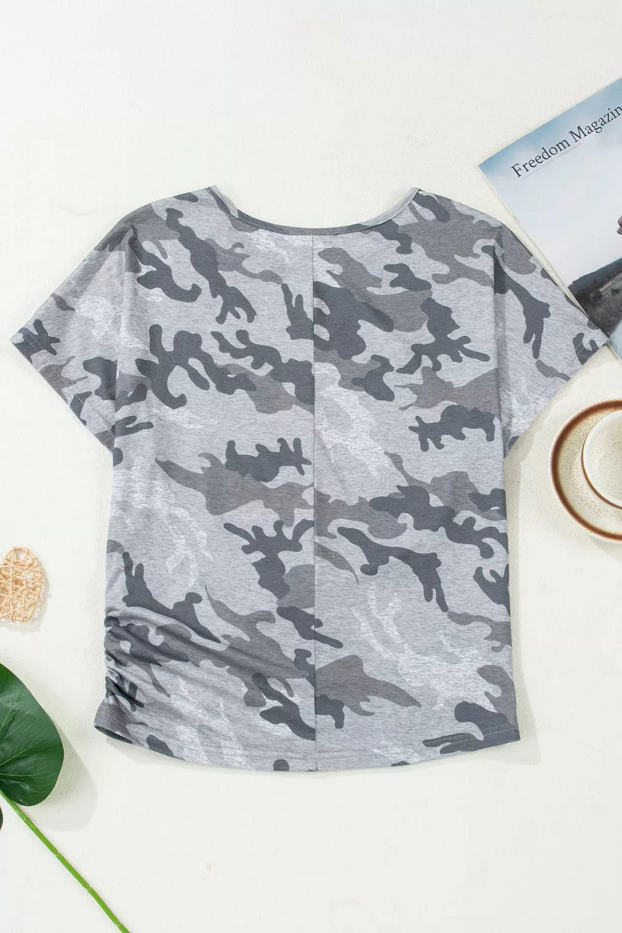 Grey camo print t-shirt with crew neck and ruched side detail