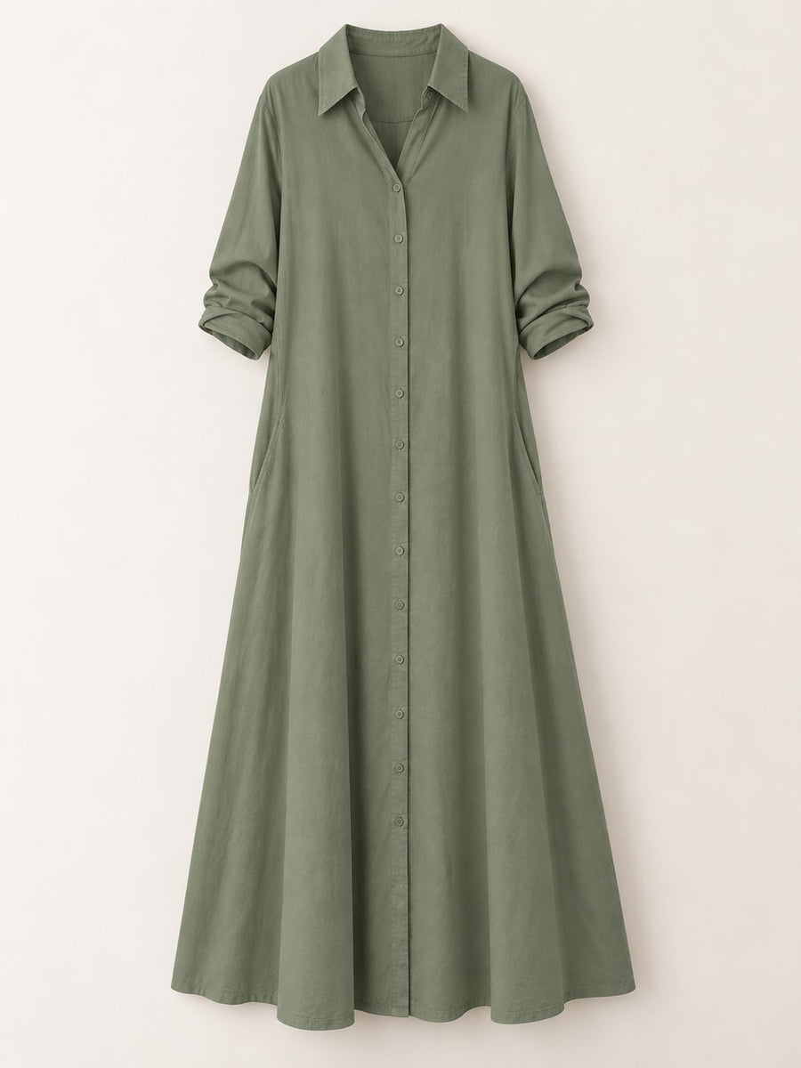 Button Front Long Sleeve Maxi Shirt Dress Plus Size in Golden Yellow with pocketed