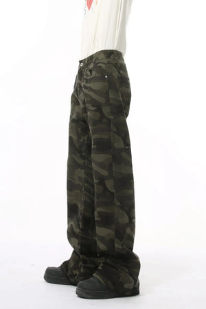 Camo flare jeans in army green with utility pockets and a relaxed fit.