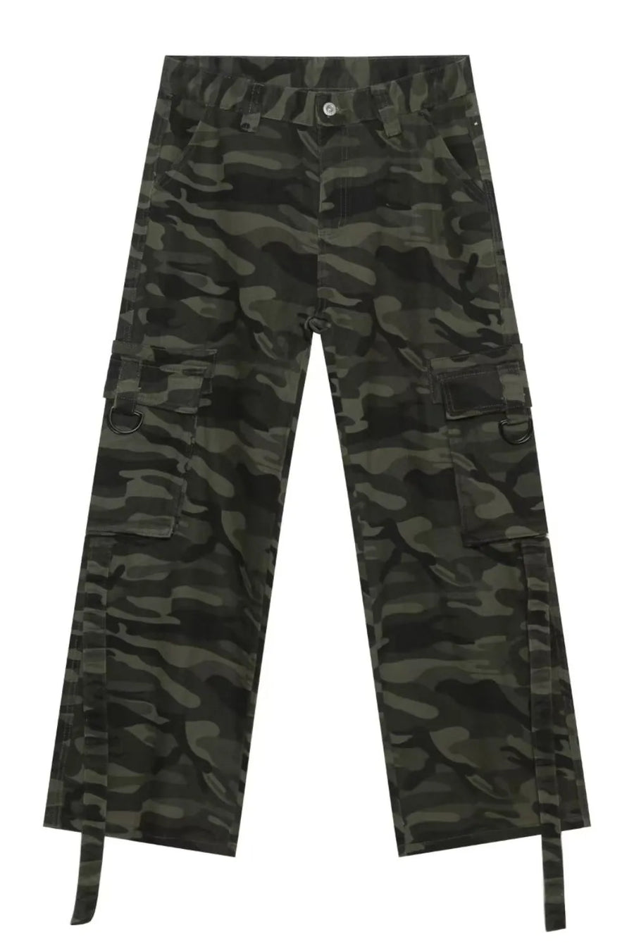 Wide-leg camo cargo pants in green camouflage with belt detail and D-ring cargo pockets.