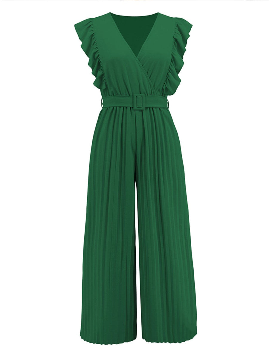 Dark green pleated ruffle wrap jumpsuit with belt