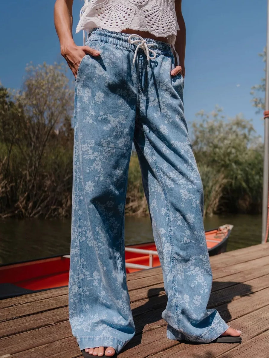 light blue wide-leg jeans with full-length and drawstring