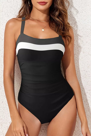 black one-piece swimsuit with color-block and square neck