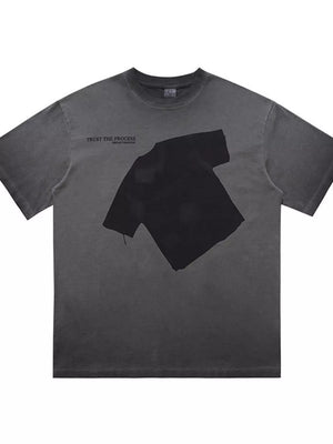 Men's grey cotton blend t-shirt with distressed graphic print and text detail.