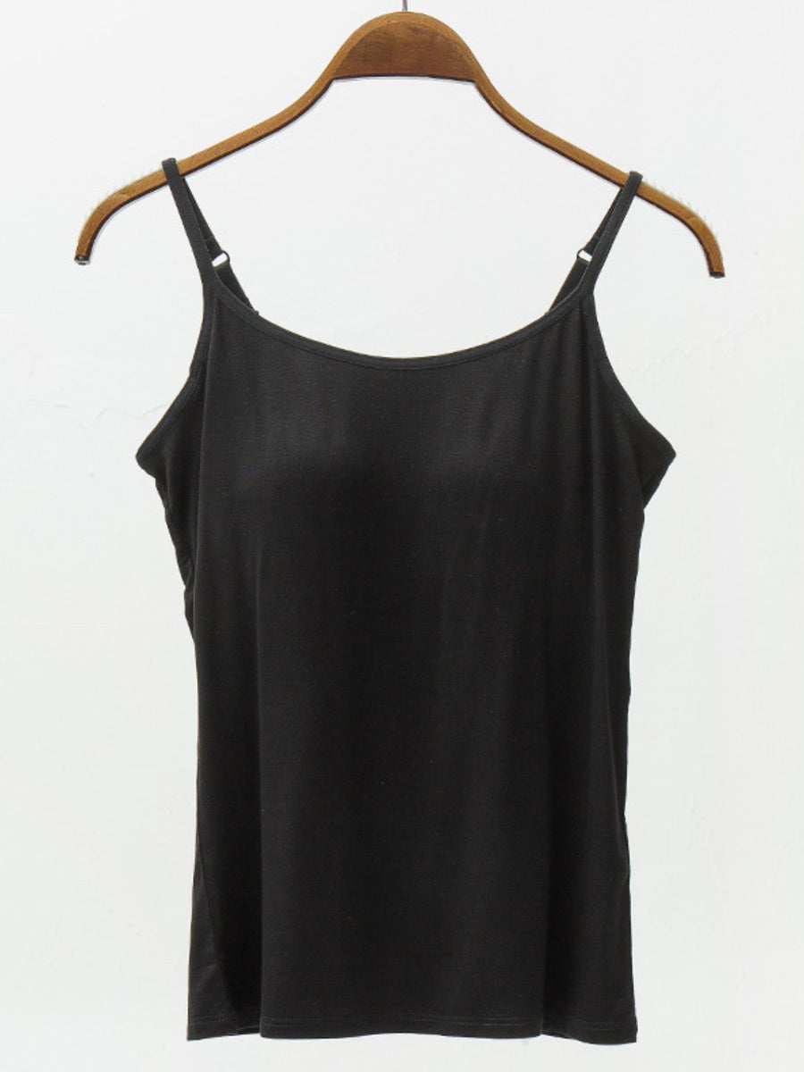 Black cami with adjustable spaghetti straps and a scoop neckline.