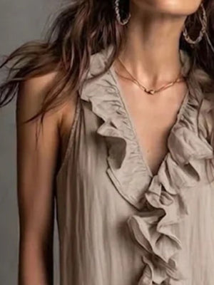 olive green A-line midi dress with v-neck