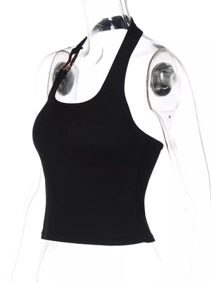 Black ribbed halter tank top with scoop neck and decorative buckle detail.