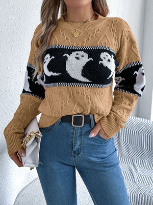 Halloween Ghost Pattern Textured Sweater in white