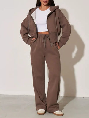 Pink with Zip-up Hoodie And Wide-leg Pants Set in Pink