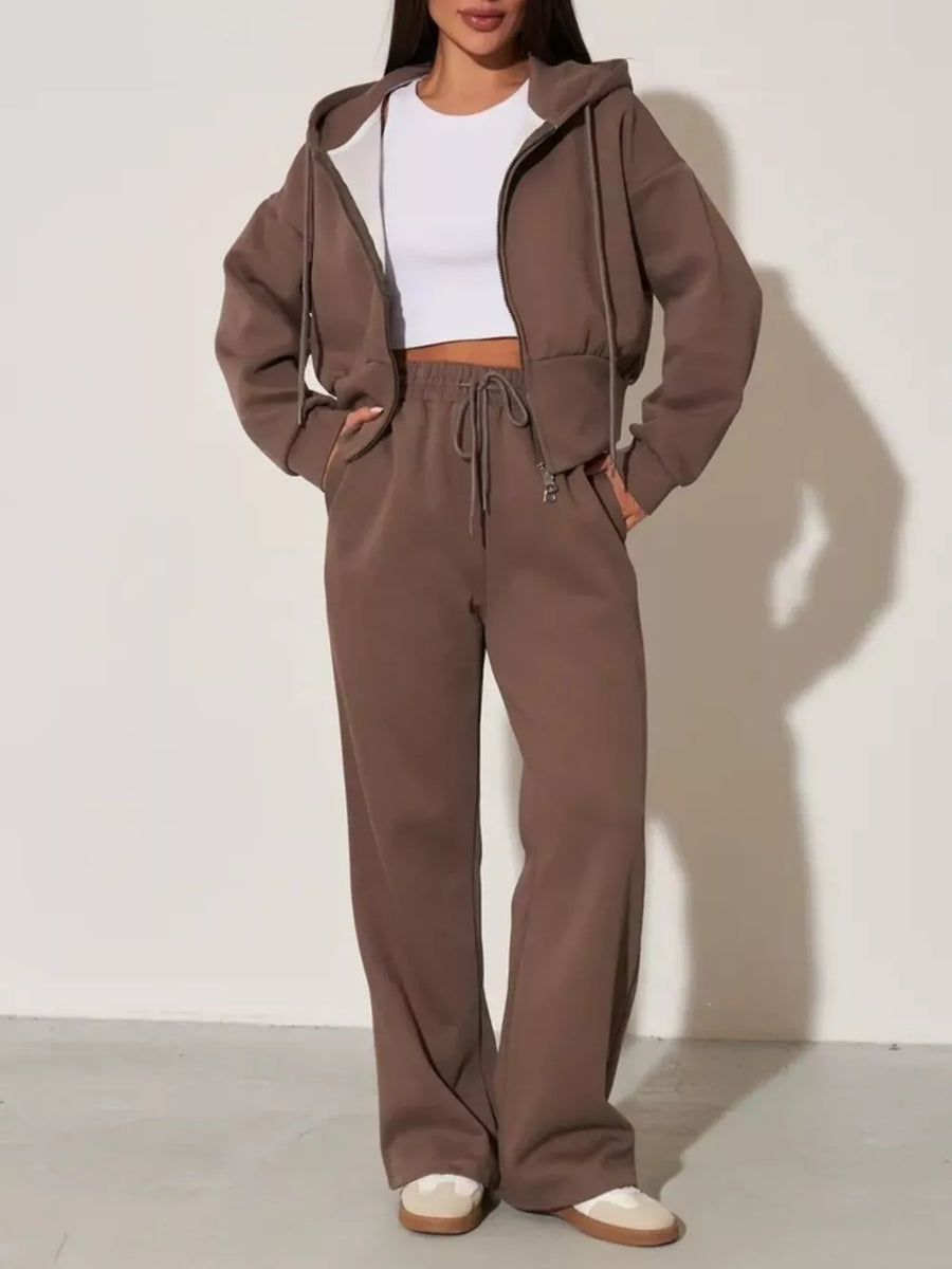 Pink with Zip-up Hoodie And Wide-leg Pants Set in Pink