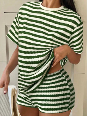 Green and white striped waffle knit loungewear set with crew neck top and shorts.