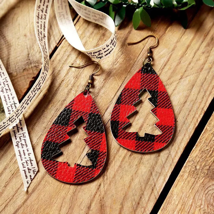 Plaid teardrop earrings with tree cutouts and bronze hooks