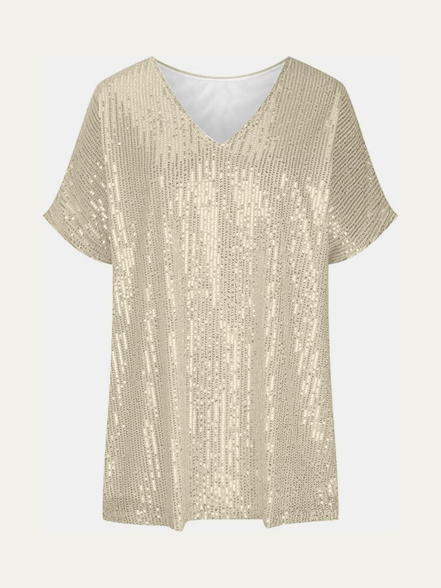 Brass sequin slouchy V-neck top with short sleeves