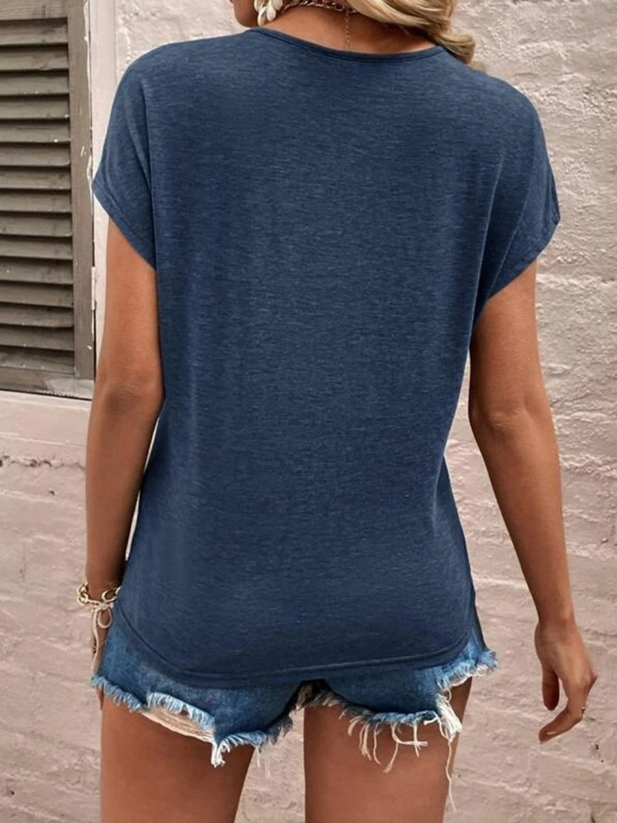 Dark blue dolman sleeve top with lace trim detail