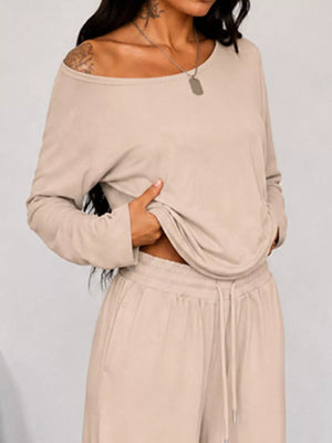 One-shoulder Top And Drawstring Pants Set Plus Size in Dark Blue