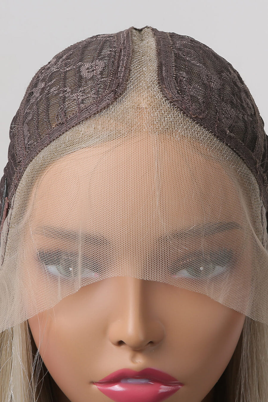 Luxe Platinum Lace Front Wig in Blonde/Ash Brown Root, showing cap construction and lace detail.