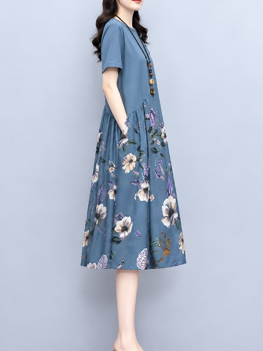 Fuchsia A-line dress with decorative button and short sleeve