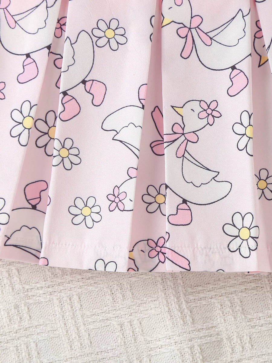 Baby pink pleated skirt with duck and flower print
