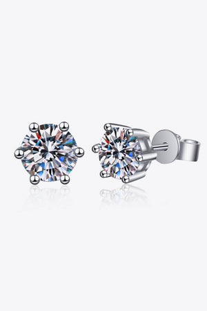Six-prong moissanite stud earrings in brilliant cut silver with six prongs.