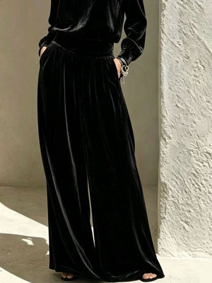 Velvet Mock Neck Long Sleeve Top & Wide-Leg Pants Set in Black with pocketed