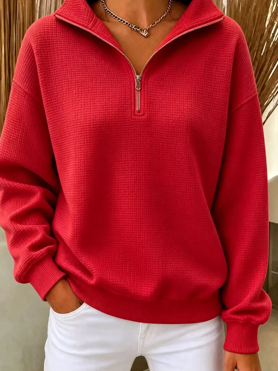 White sweatshirt with quarter-zip and waffle knit