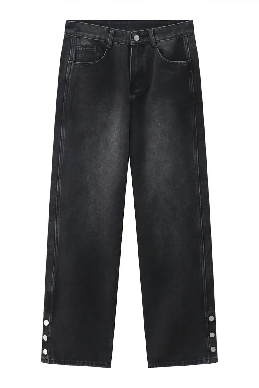 Dark wash baggy denim jeans with snap hem detail