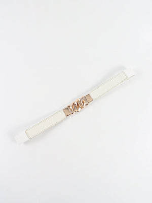 White faux leather elastic belt with gold chain detail