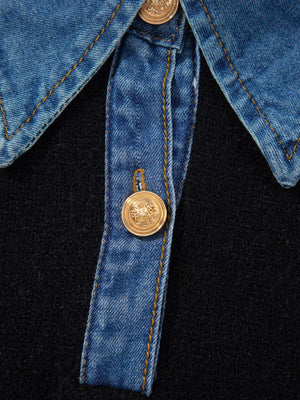 Denim Patchwork Collar Cuffed Sweater in medium blue with buttoned