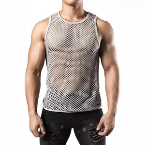 Gray open-knit muscle tank top with crew neck and sleeveless design