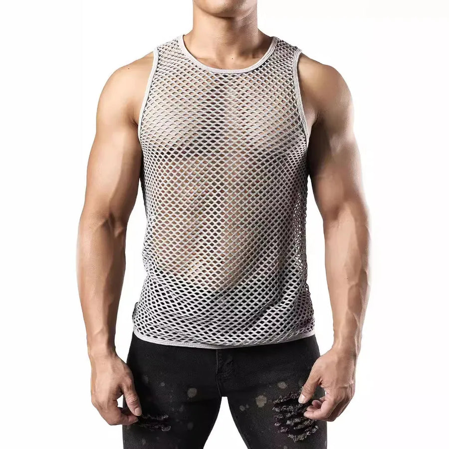 Gray open-knit muscle tank top with crew neck and sleeveless design