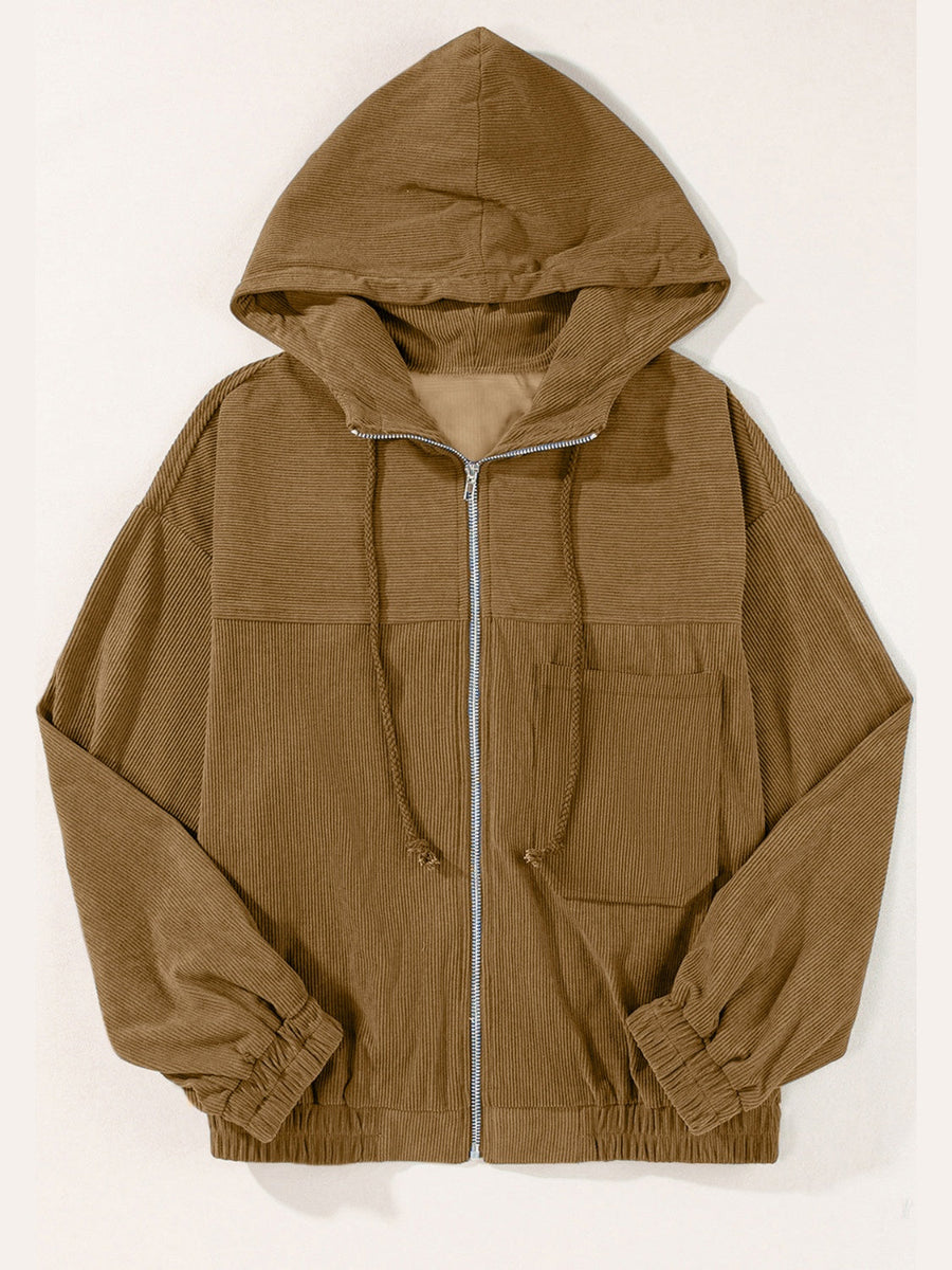 Camel corduroy relaxed fit zip-up hoodie with front pockets and drawstring hood.