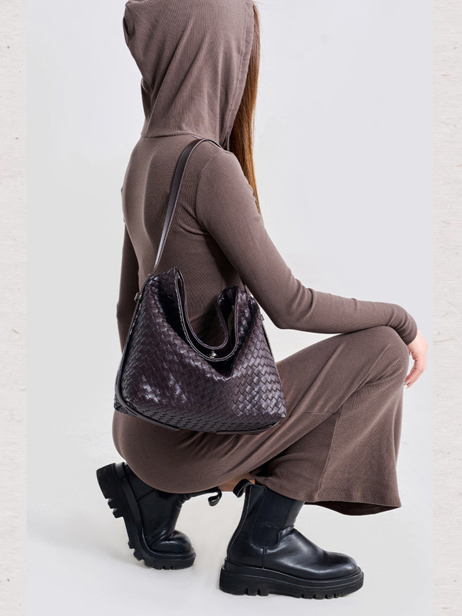 PU Leather Imported Size & handbag in dark brown with slouchy silhouette