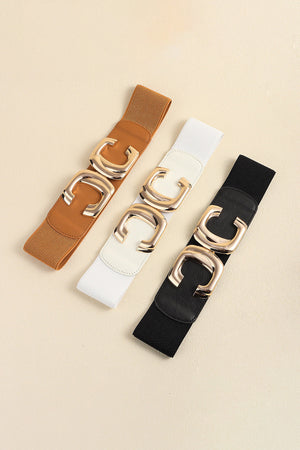 Elastic waist belt in black, caramel, and white with gold double-C buckle detail