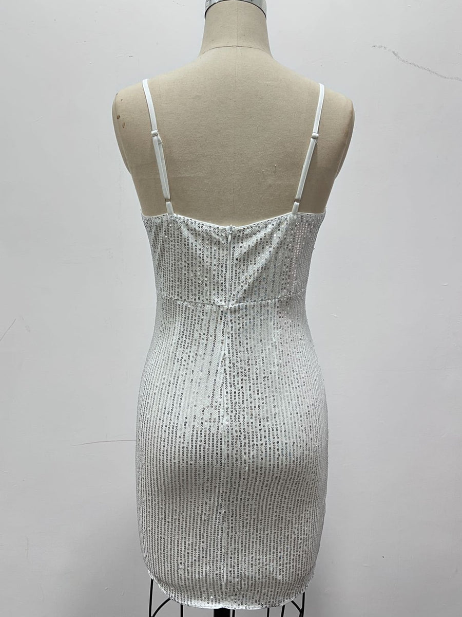 glam mini dress in silver with v-neck