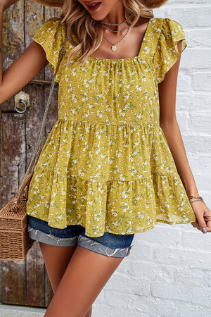 Crimson floral flutter sleeve peplum blouse in Black