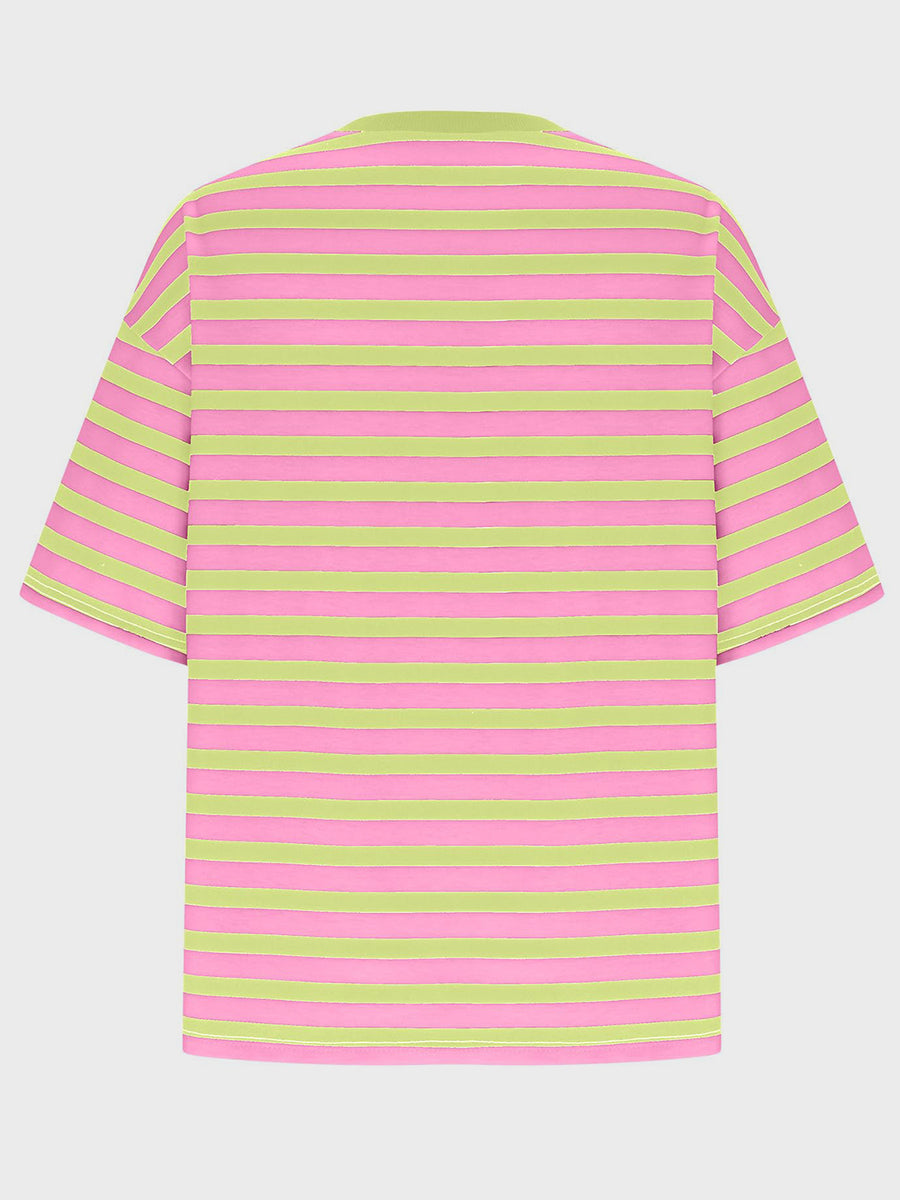 Oversized striped tee in Sherbet pink and lime green with dropped sleeves.