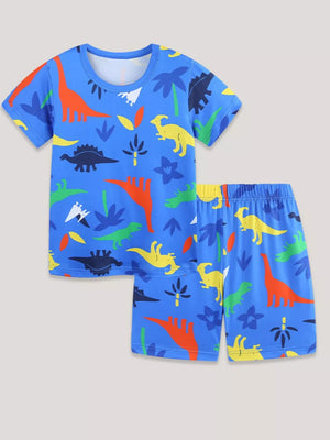 Blue dino print toddler tee and shorts set with crew neck and elastic waist.