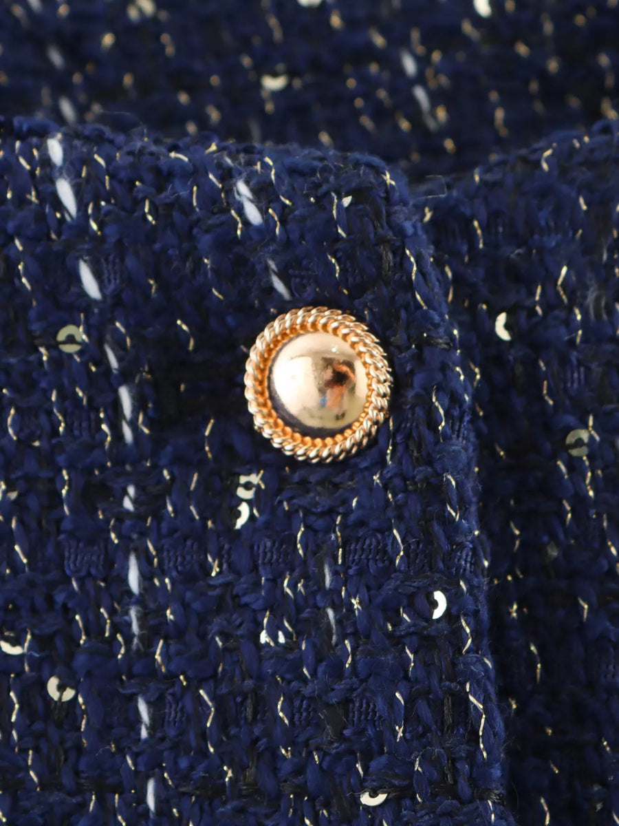 Dark blue tweed cropped jacket with gold button detail