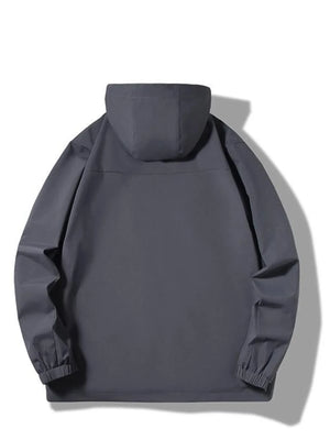 Dark gray hooded windbreaker jacket with elastic cuffs and hem