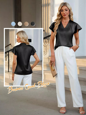 Black satin V-neck flutter sleeve blouse with a draped front detail.