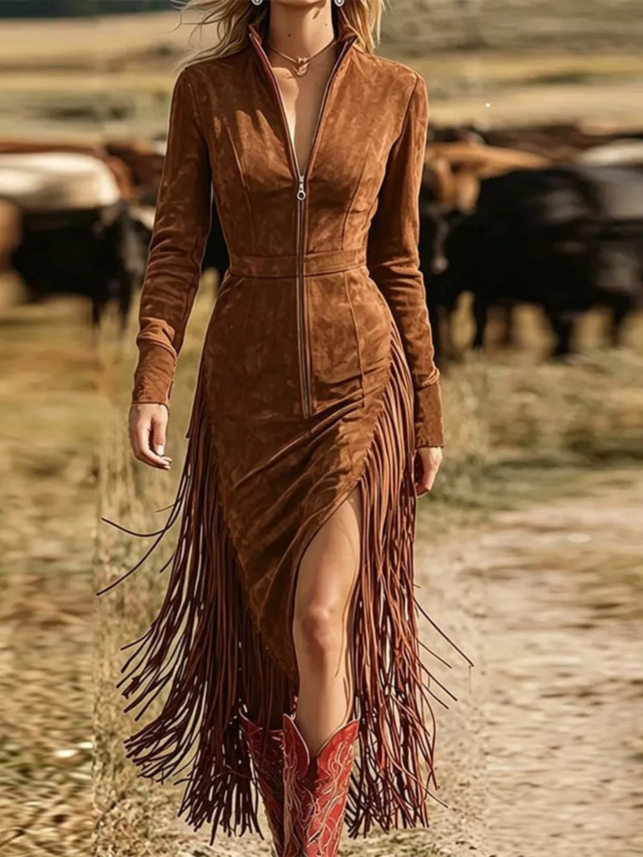 Brown midi dress with midi and zip-front