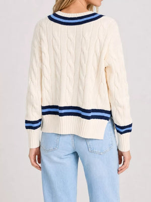 v-neck sweater in Cream with cable knit and cable-knit